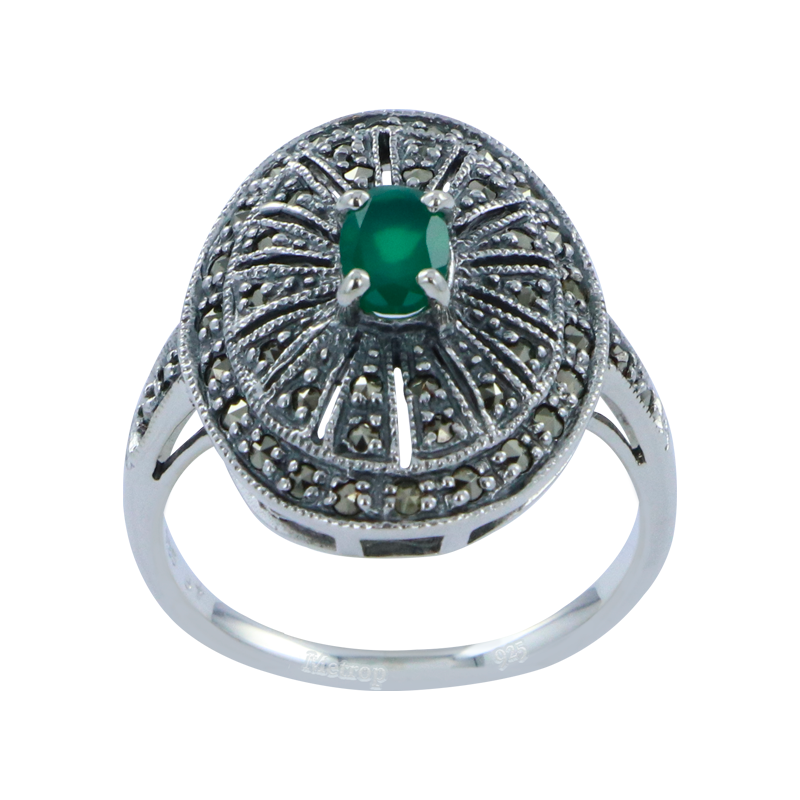 Bague en argent 925 (Agate verte - Marcassites)