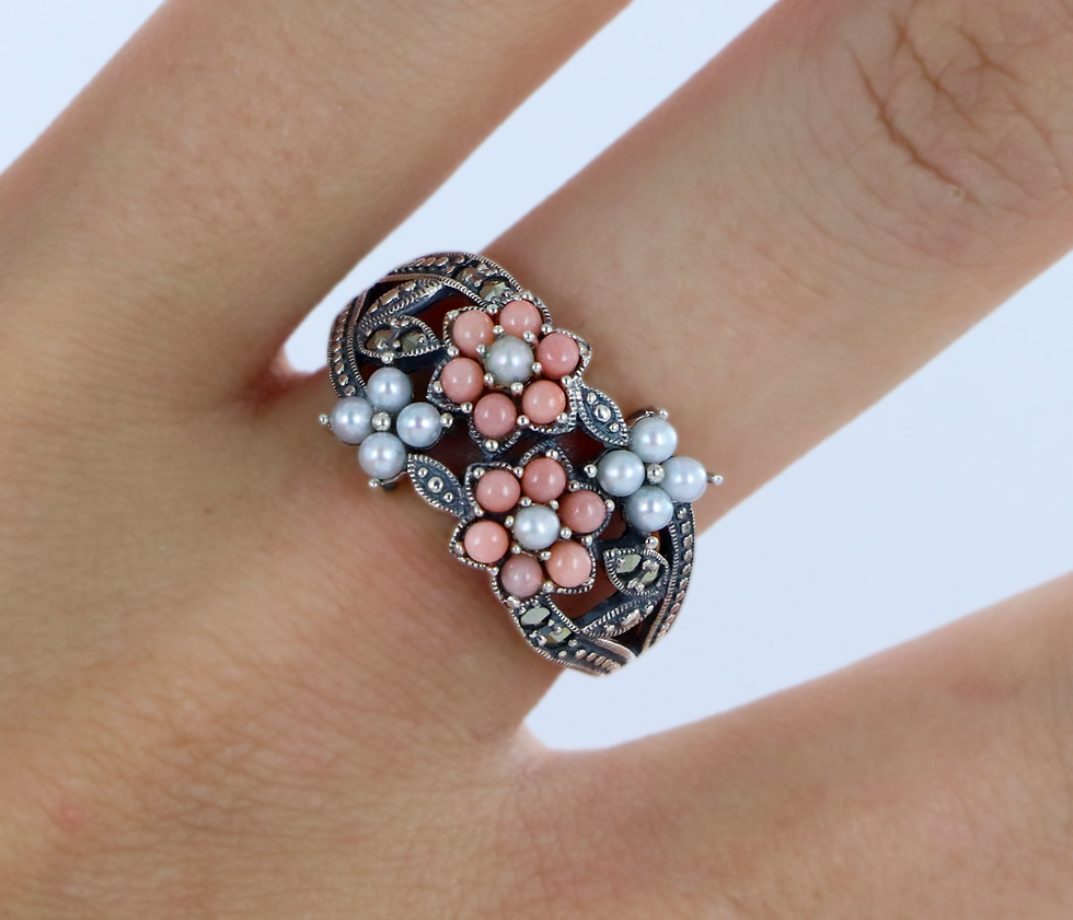 Miniature : Bague en Argent 925 (Perle de culture - Marcassites)