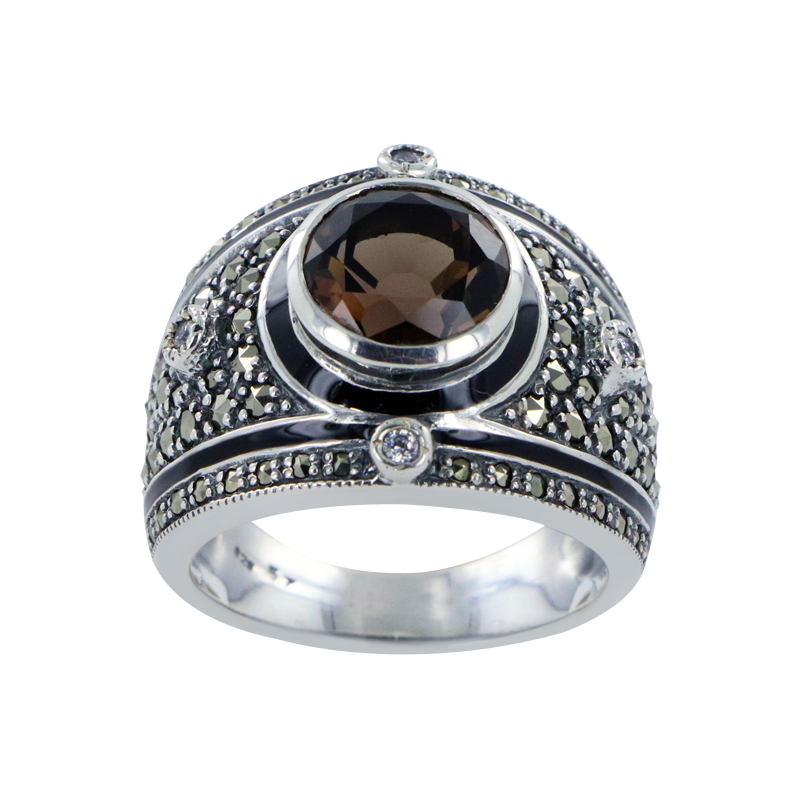 Bague en Argent 925 (Quartz fumé - Email noir - Oxydes de zirconium - Marcassite