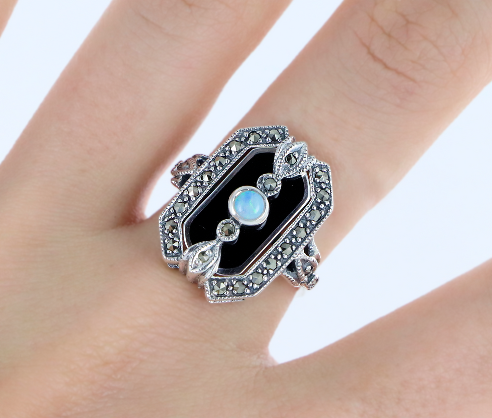 Miniature : Bague En Argent 925 (Onyx - Opale -Marcassites)
