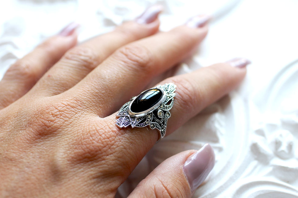 Miniature : Bague en Argent 925 (Onyx - Marcassites)