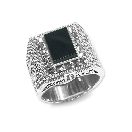 Bague En Argent Massif Avec Onyx Et Marcassites - Taille 52, Occasion, Bijou Vintage