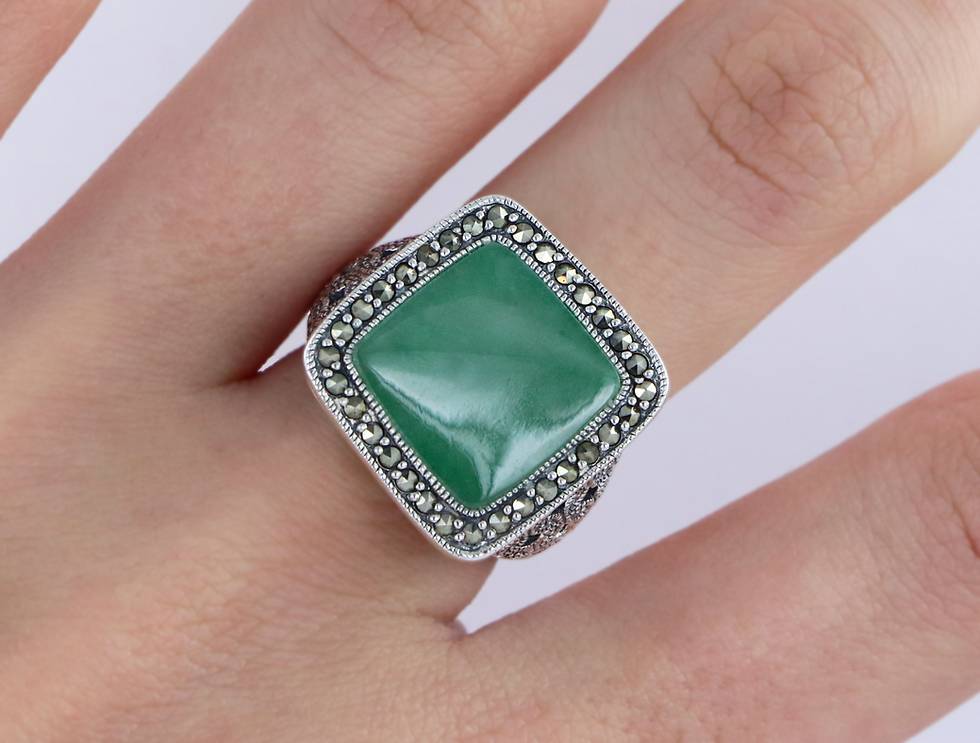 Miniature : Bague En Argent 925 (Jade vert - Marcassites)