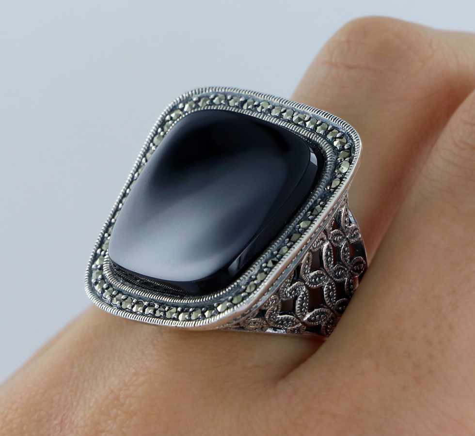 Miniature : Bague en Argent 925 (Onyx - Marcassites)