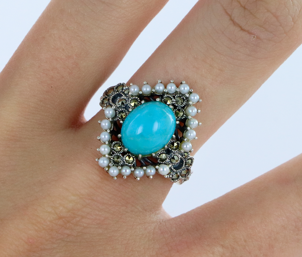 Miniature : Bague en Argent 925 (Perle de Culture - Turquoise Reconsititué - Marcassites)