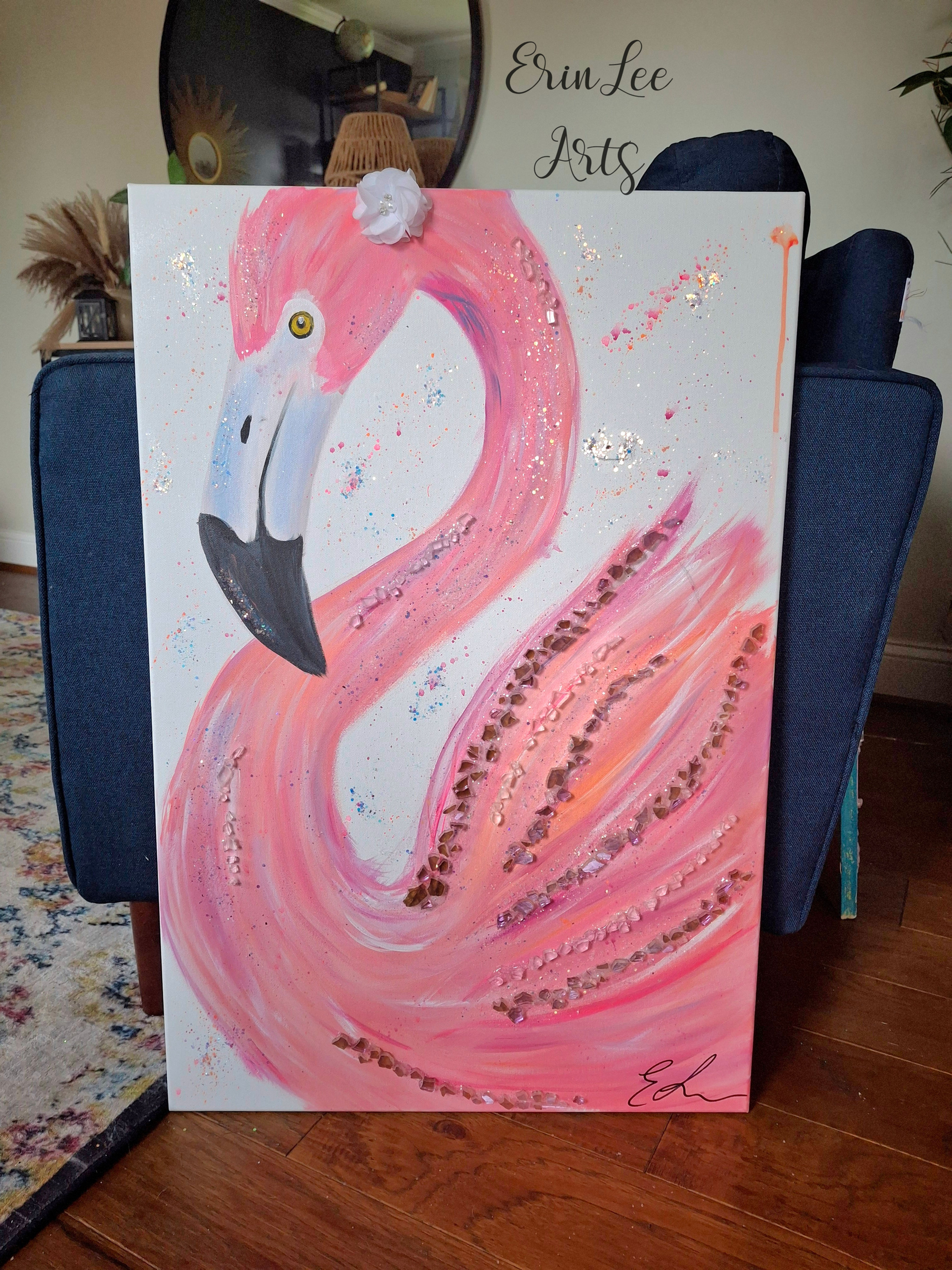 Pink flamingo embellished canvas print
