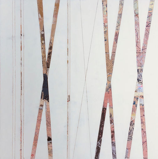 Abstract artwork with strips of scrap paper designed in an X pattern
