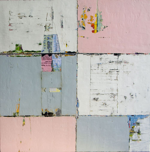 Abstract artwork with layers of paint and scraps of used paper