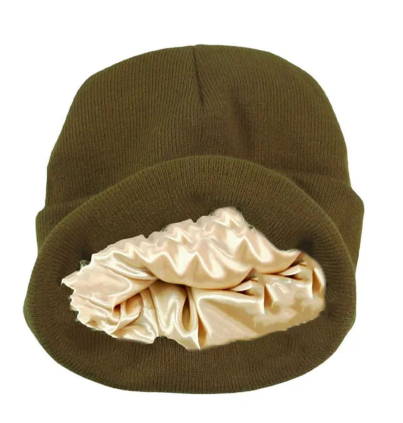 Thumbnail: Womens Satin Lined Knitted Hat Beanies Dark Khaki