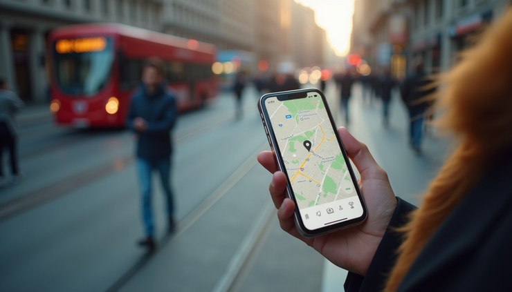 High angle view of a traveler using a smartphone to check a map in a busy urban street
