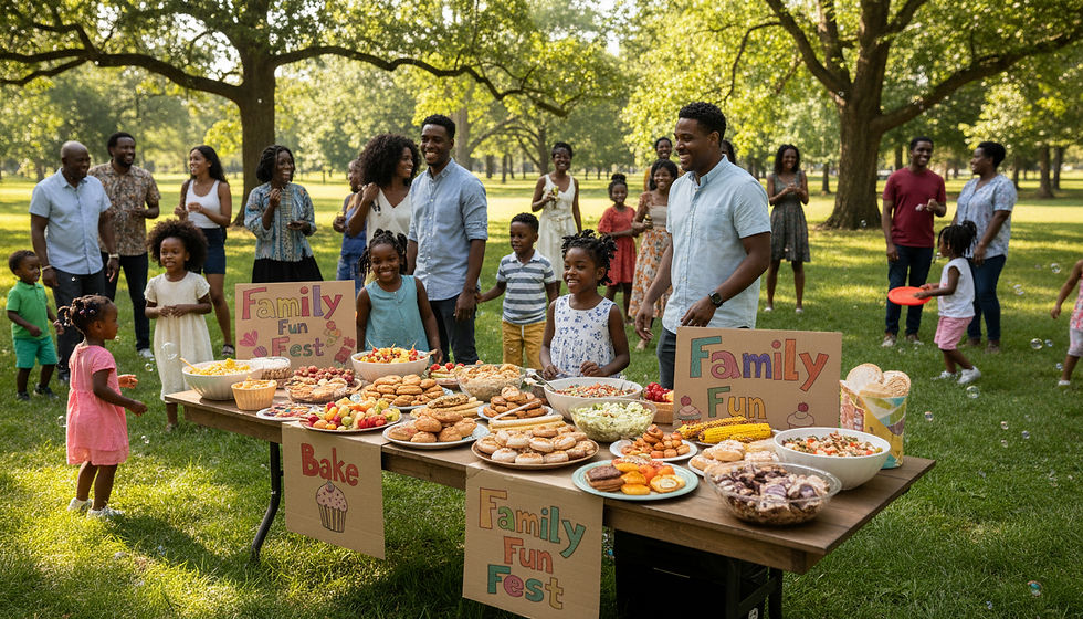 Wide-angle view of a family reunion picnic with donation jars and colorful games on the grass