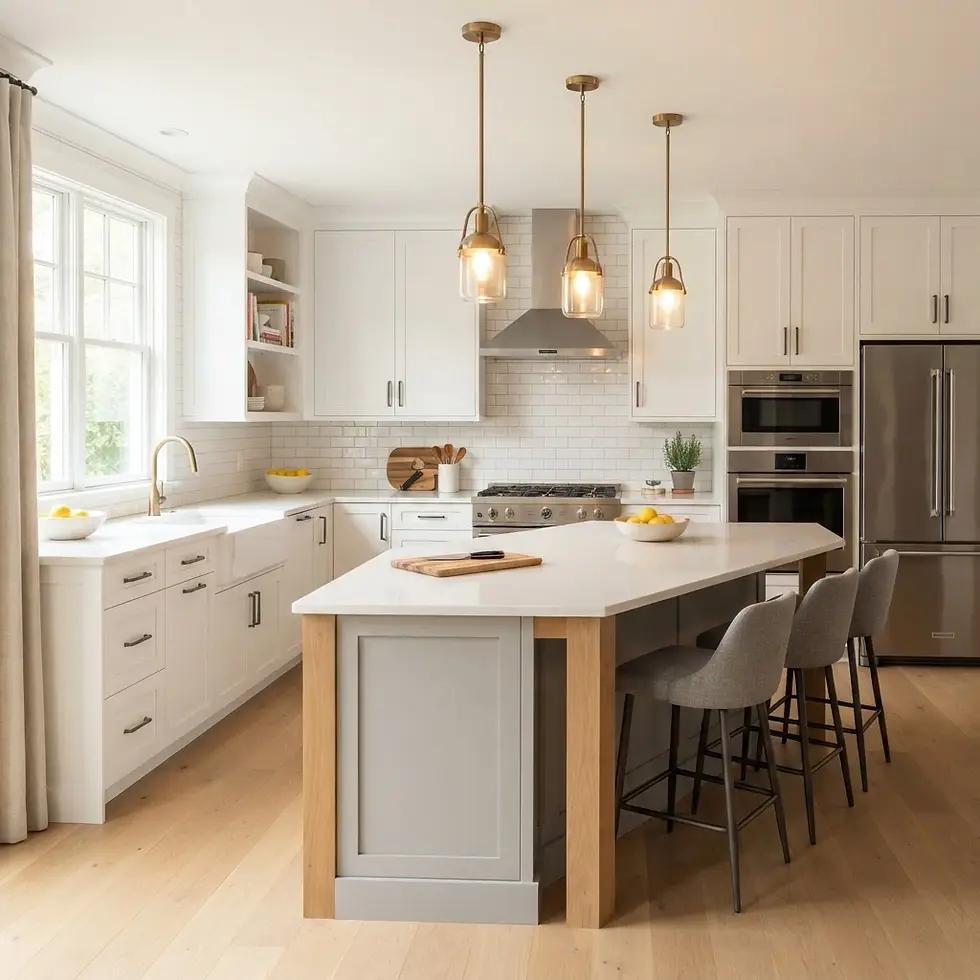Professional interior photography of a modern, airy kitchen featuring white cabinetry and a central island with bar stools. Warm pendant lighting creates a clean and inviting atmosphere.