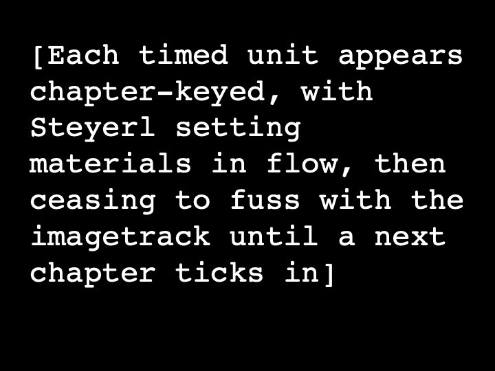 Each timed unit appears chapter-keyed, with Steyerl setting materials in flow, then ceasing to fuss with the image track until a next chapter ticks in
