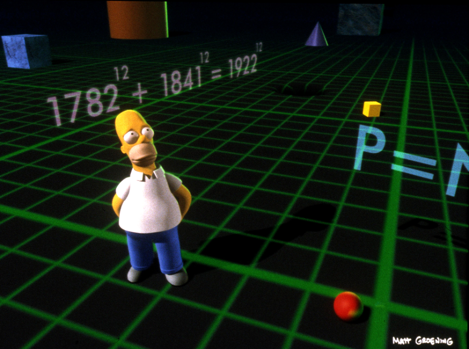 Homer Simpson in the middle of a black/green grid with math sums flashing around