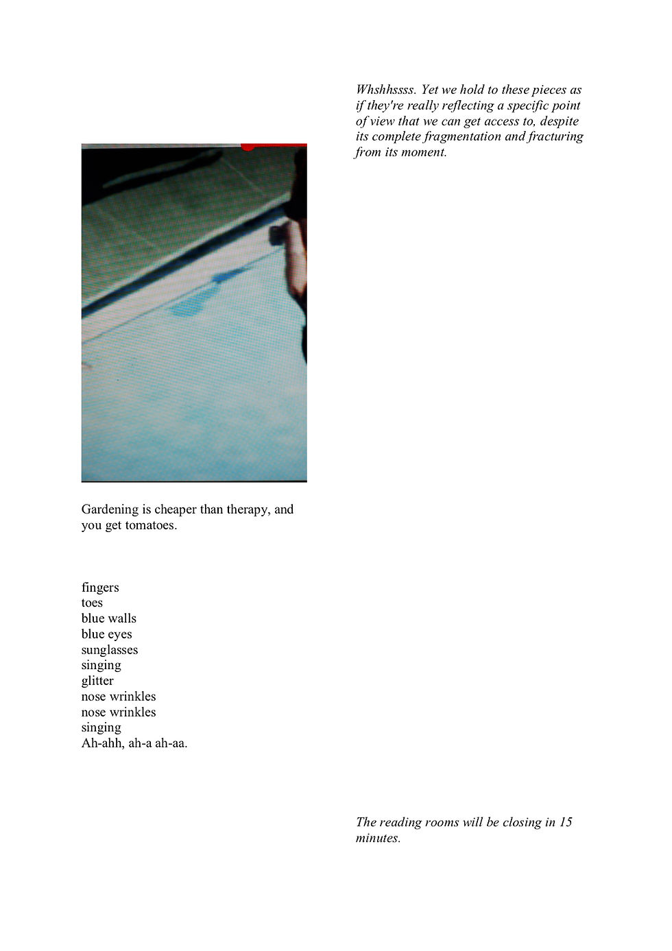 A long image takes up a large part of the page on the left hand side. Very blurry, but can just make out the edge of a tiled grey floor and a hand peeking in over a faded blue background.