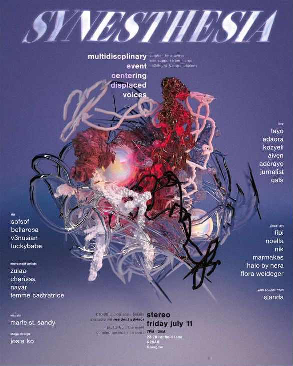 A poster for the event Synesthesia. A purple backdrop with writing 'multidisciplinary event centering displaced voices', with names of artists and the venue 'stereo, friday july 11th'. There is a photo of multiple wires and textures entangled in black, red and white in the centre.