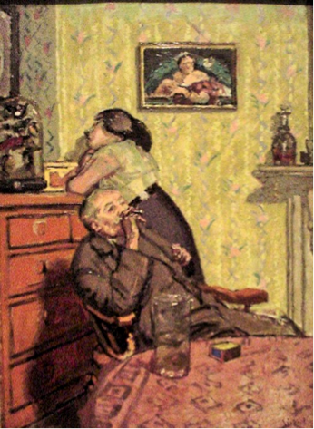 The painting Ennui, by Walter Sickert shows an old man smoking leaning back in a chair with a patterned orange table before him; a woman stands in the background with her back turned leaning against a wooden chest of drawers. There is a patterned yellow wallpaper in th ebackground and a painting of a woman wearing red.