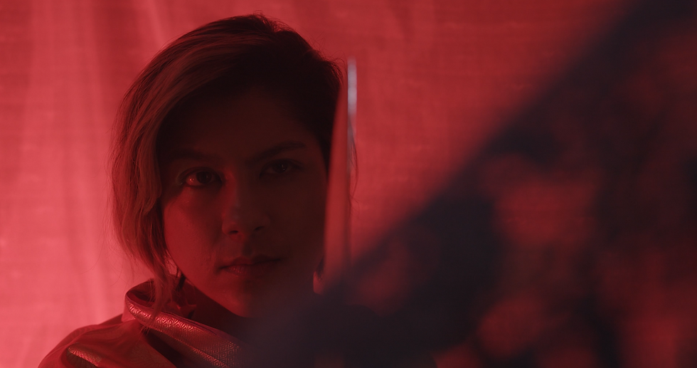 Trailer still from the film Negative Worlds, featuring Nisha Ramayya filmed surrounded in red.