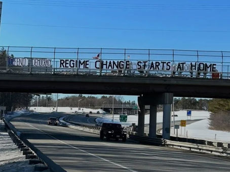 A highway overpass bridge with a couple of large signs displayed. One says Defend Democracy and the other says Regime Change Starts at Home. There are about 10 people visible behind the signs and an American flag is visible above the C in Change.
