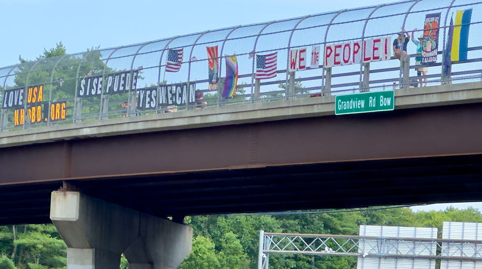 Pro Democracy signs hanging on a highway overpass bridge.