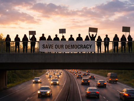 A group of peaceful protesters on a highway overpass bridge at twilight holding a banner that says "SAVE OUR DEMOCRACY" (AI Generated)