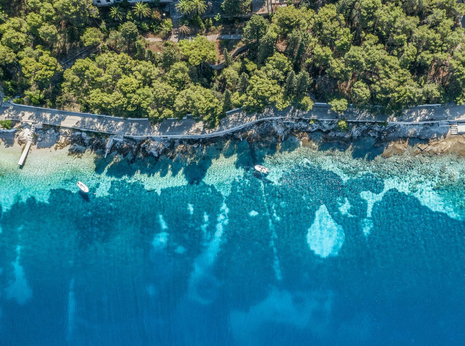 Drone view of Punta in Sumartin, Island Brač, with pine forest and crystal-clear Adriatic water