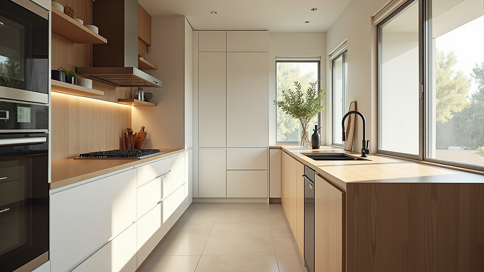 Eye-level view of a modern Los Angeles kitchen with natural light