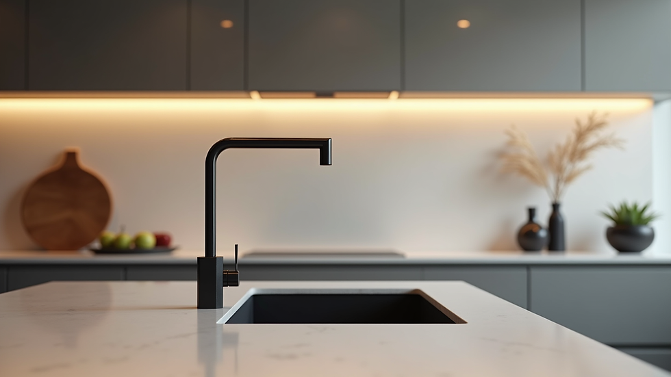 Close-up view of a sleek kitchen countertop with modern faucet and under-cabinet lighting
