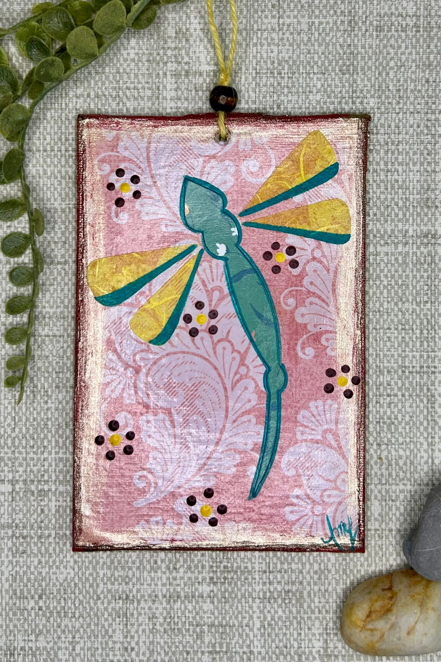 4" X 6" Mixed Media Dragonfly Blue and Yellow