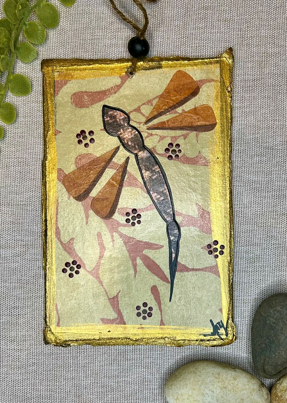4" X 6" Mixed Media Dragonfly Brown Houndstooth