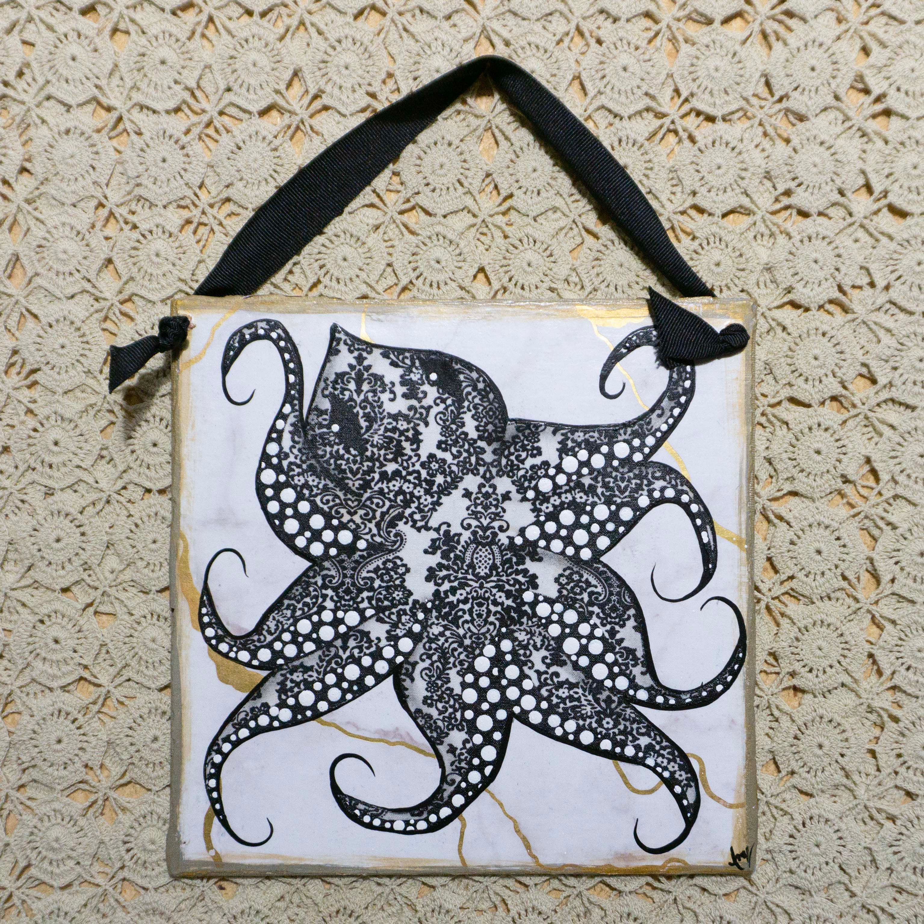 8" X 8" Mixed Media Octopus Back and White