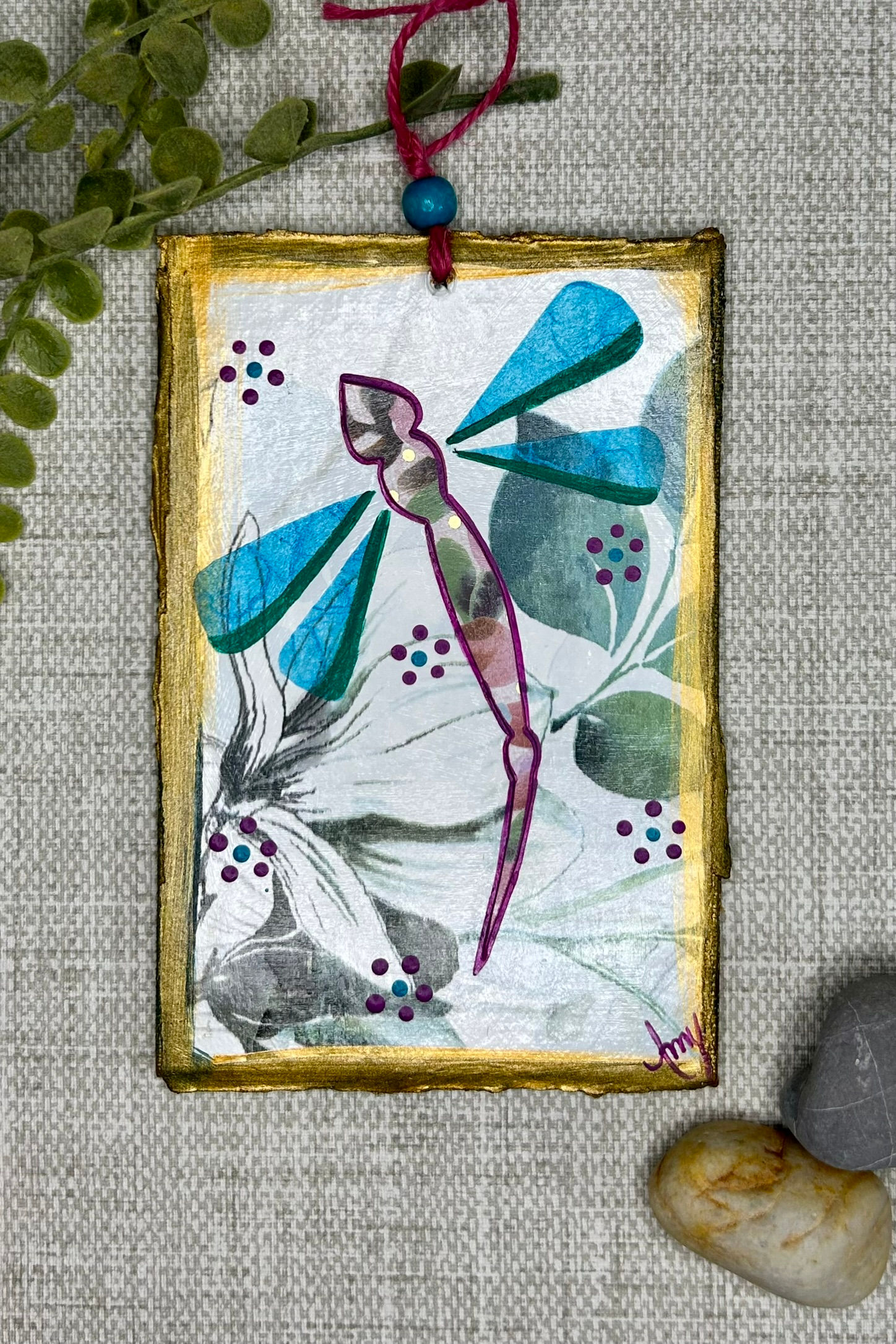 4" X 6" Mixed Media Dragonfly Purple and Blue