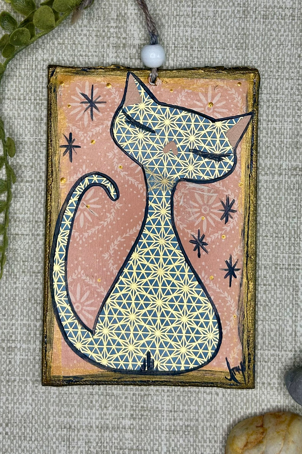 4" X 6" Mixed Media Cat Blue and Gold