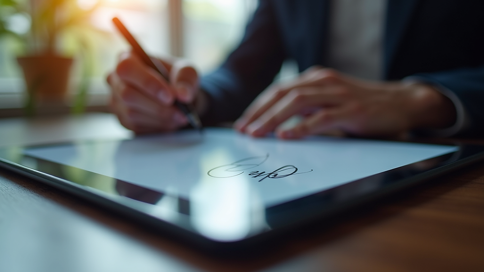 Eye-level view of a digital signature on a tablet screen