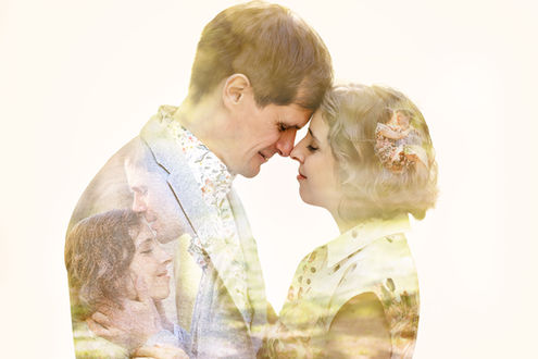 "Creative double-exposure portrait of a couple featuring romantic moments layered within a close-up embrace."