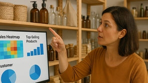 A business owner reviewing heatmaps or charts on a screen, while pointing at shelves. Show how business analytics led to better shelf placement or stock decisions.