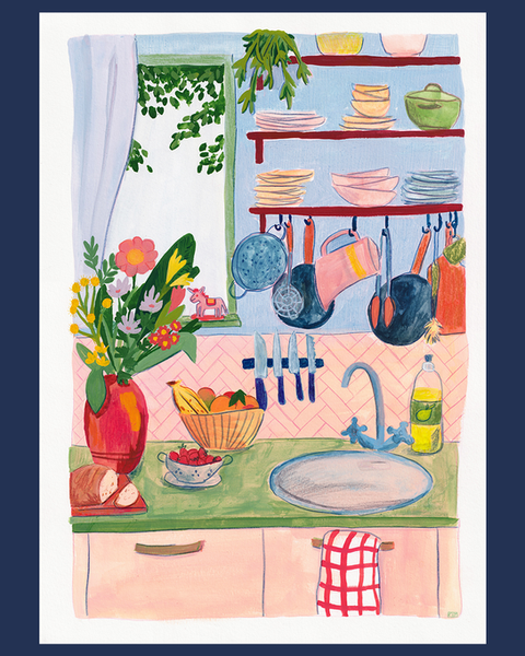 Illustratie in gouache door Kim Timmermans, van een een gezellige keuken in heldere, frisse kleuren