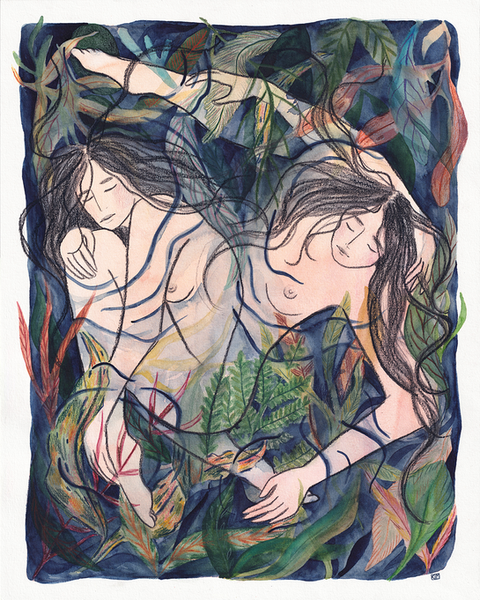 Verstrengeld - Illustratie door Kim Timmermans in mixed media van twee vrouwen in donkerblauw water en dromerige, fantasierijke planten. 