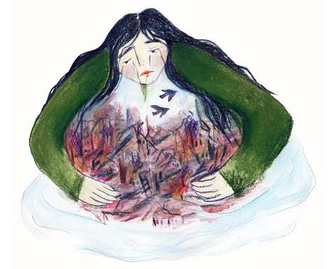 Illustratie door Kim Timmermans van een jonge vrouw die in een zee van haar tranen een verwoeste stad omhelst