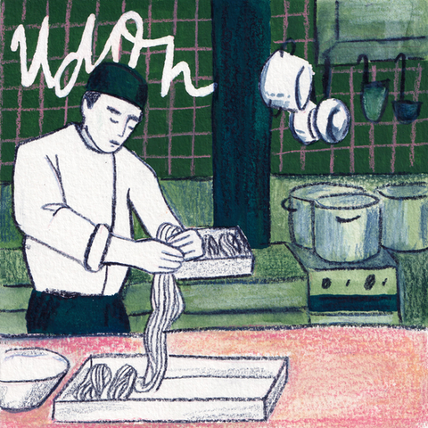 Illustratie door Kim Timmermans van een chefkok in een keuken die udon noodles aan het maken is.