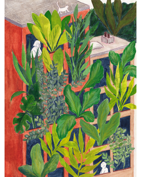 Kleurrijke illustratie door Kim Timmermans van een gebouw dat volledig is volgegroeid met groene planten. Twee mensen hebben contact via het raam.