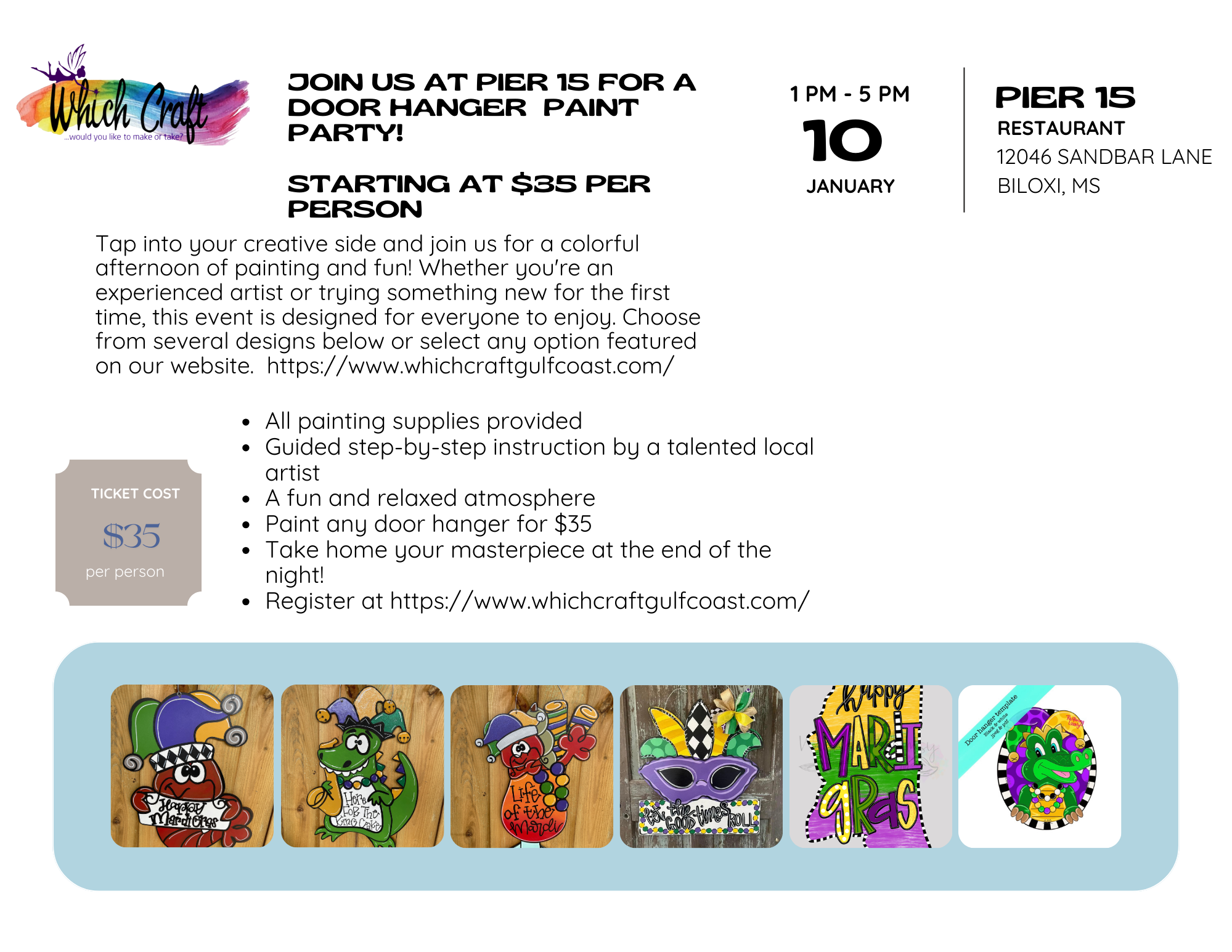 Mardi Gras Door Hanger paint Party Jan 10 Pier 15