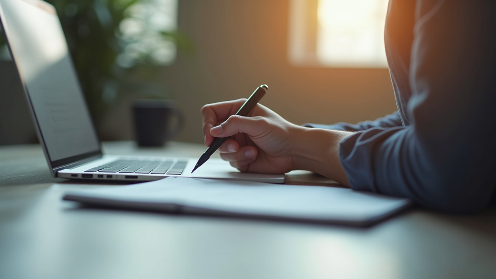Close-up view of a person writing notes next to a laptop during an online assessment