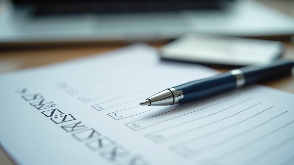 Close-up view of a checklist and pen on a desk
