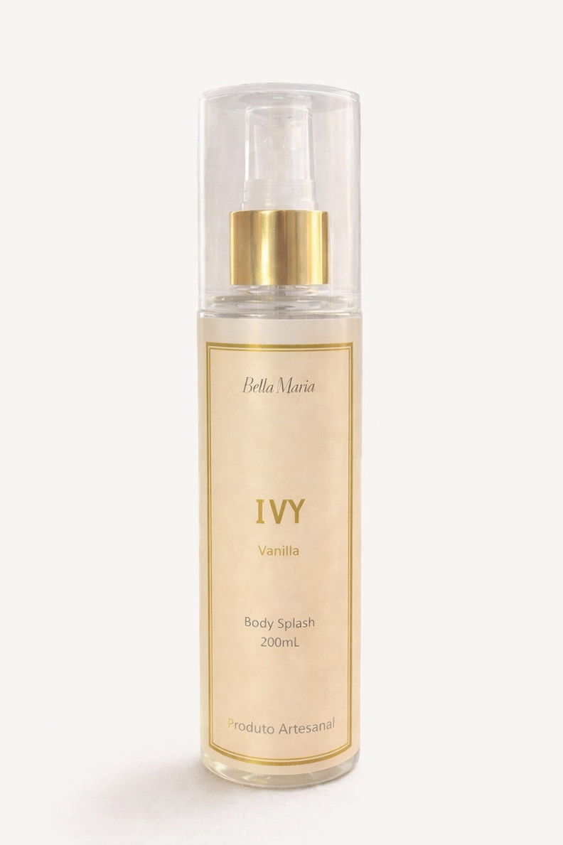 Body splash Ivy Vanilla 200ml Bella Maria fragrância doce com baunilha cremosa, tonka, âmbar e patchouli