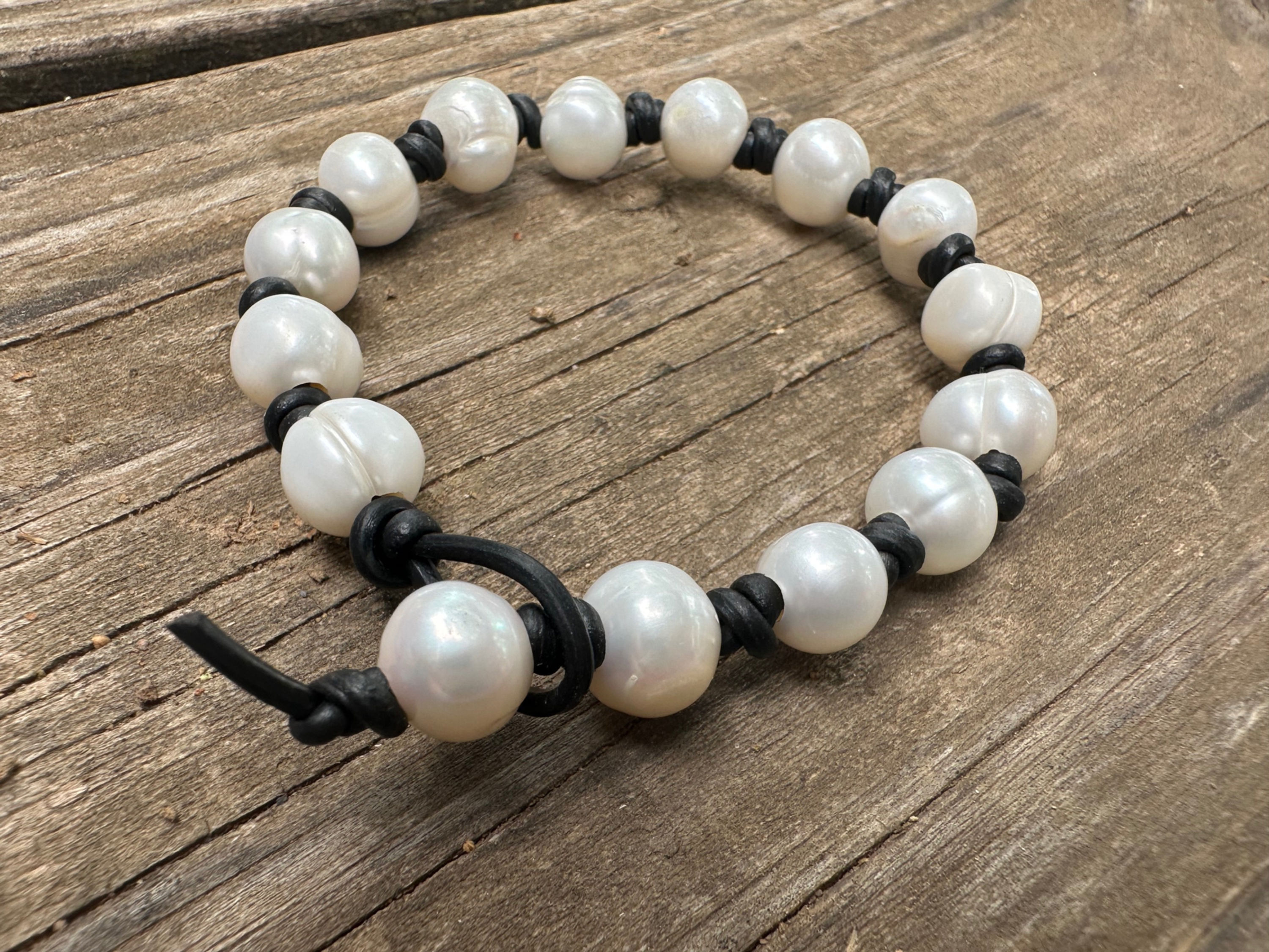 Black Leather Pearl Bracelet