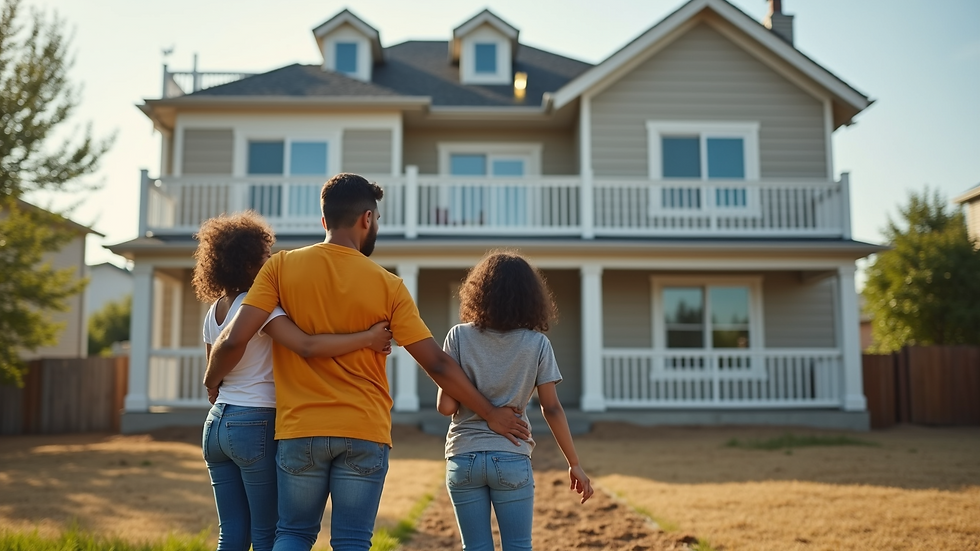 Eye-level view of a family standing in front of their new home
