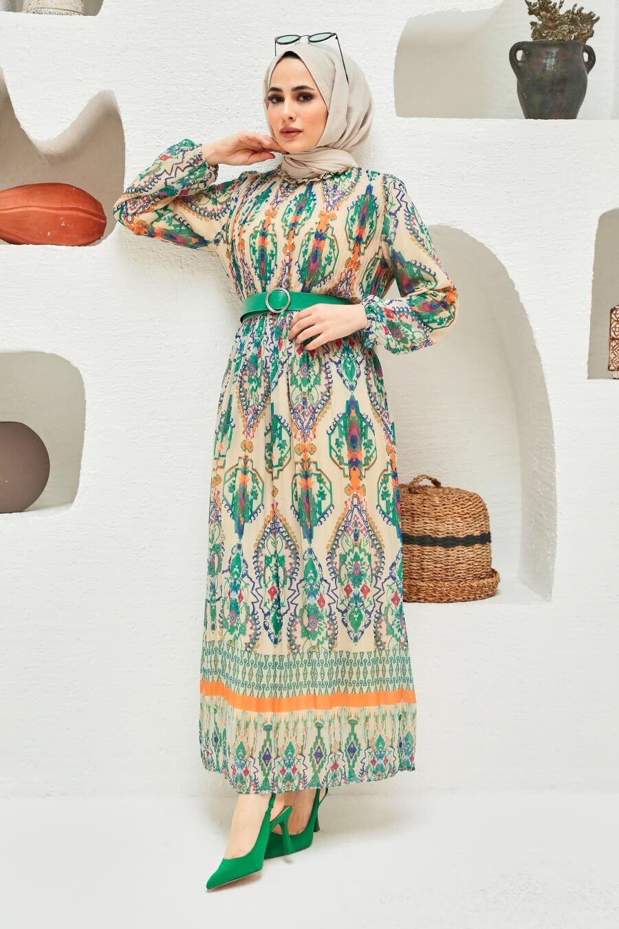 Thumbnail: Long green embellished dress for women