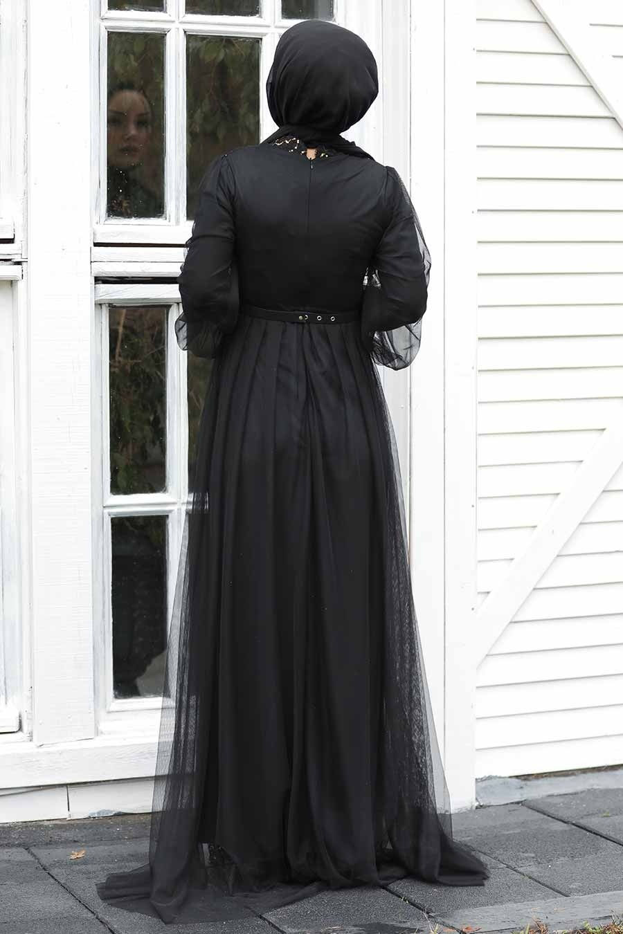 Thumbnail: Women's Long Black Gold Sequin Evening Dress