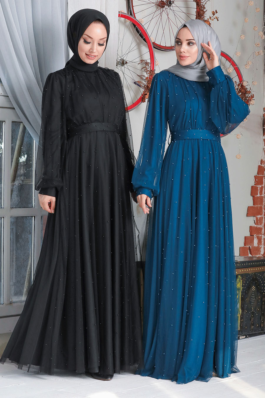 Thumbnail: Women's modest black evening dress with pearl lobes